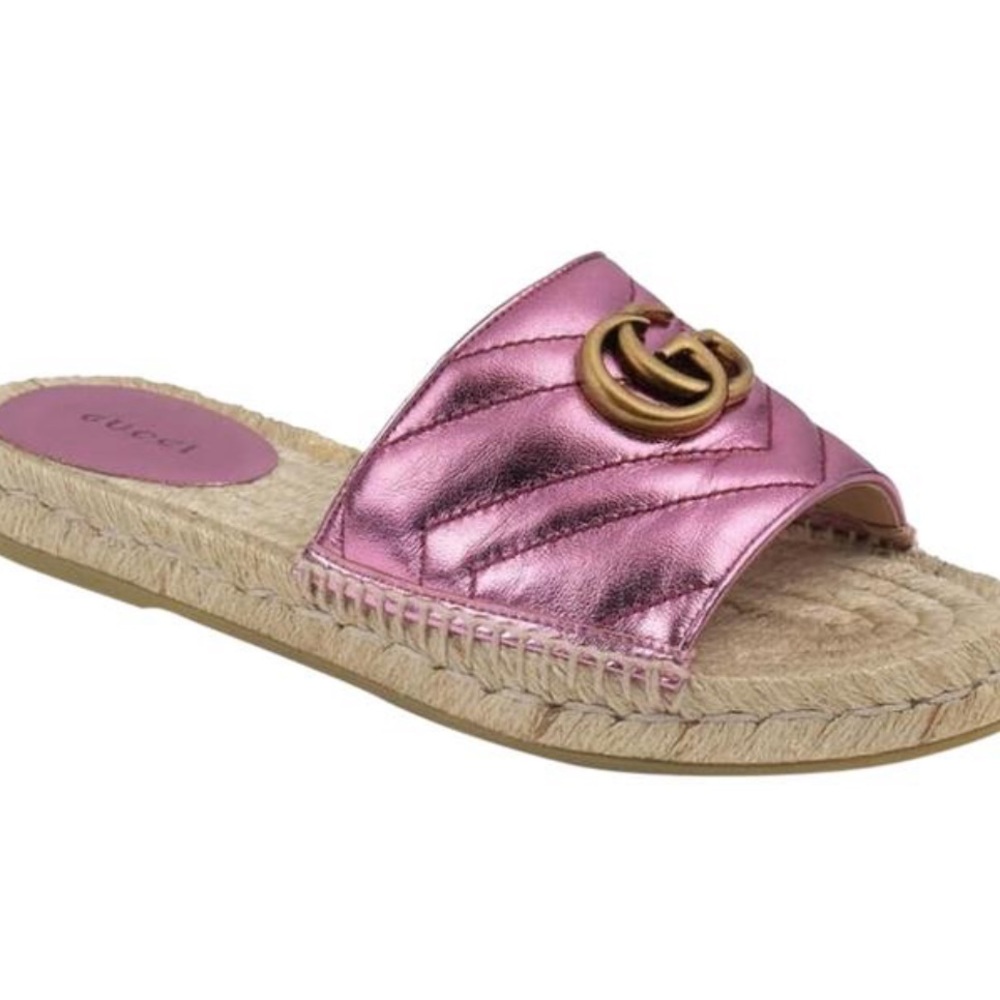 Gucci Marmont Pilar Espadrille Slides in Rosa Metallic Pink, size 6.5 (36.5)